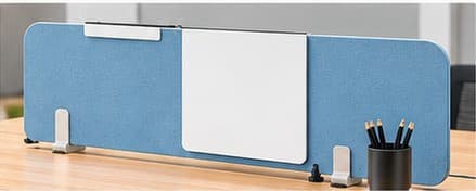 Blue fabric desk screen with an inset white writing board