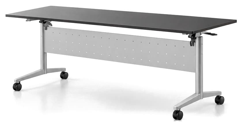 Foldable training table open, with dark top and silver frame on castors