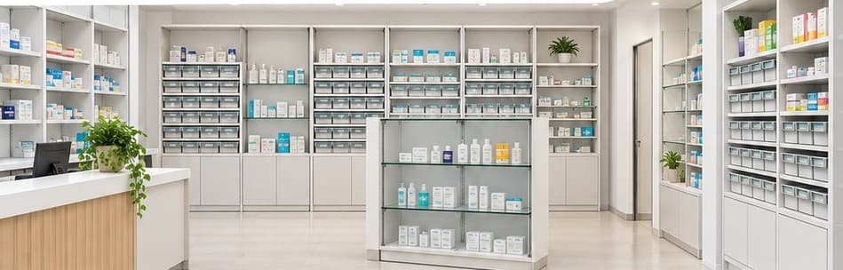 Pharmacy fitted with white modular dispensing racks and labelled bins