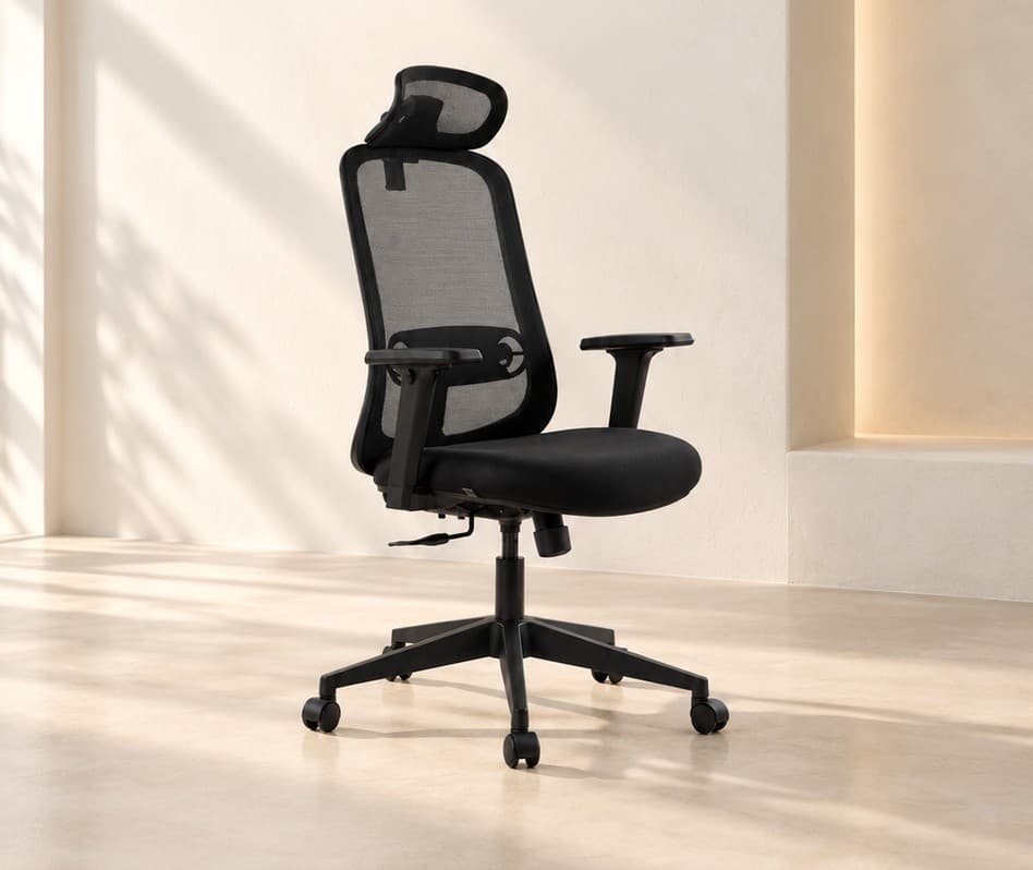 Black high-back mesh office chair in a softly lit arched room