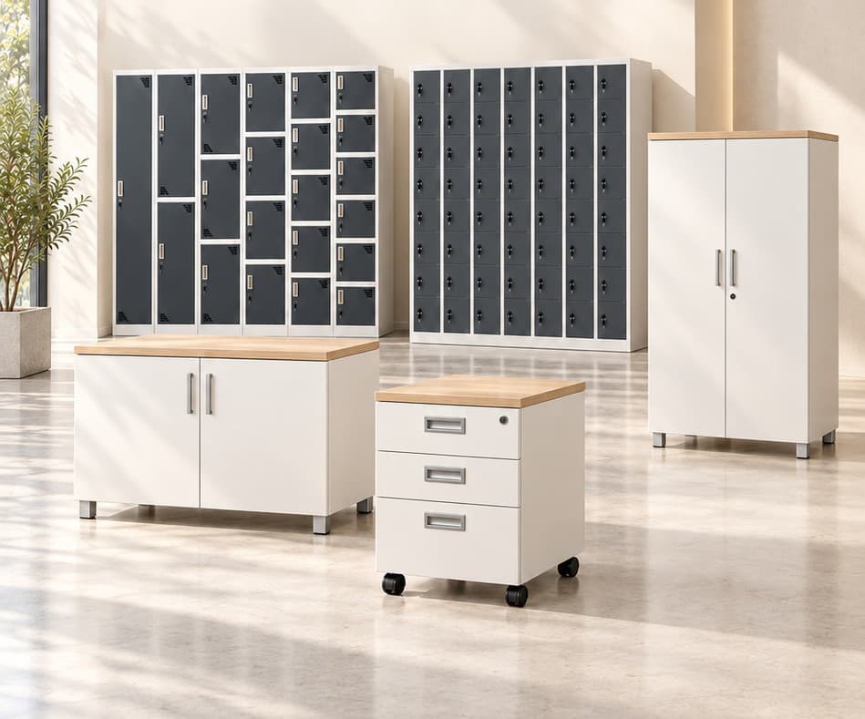 Storage collection: grey lockers, white cabinets and a mobile pedestal in a bright room