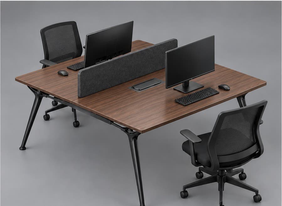 SyncPod shared workstation with walnut top, monitors and black mesh chairs
