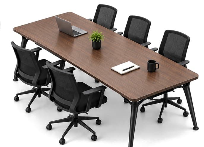 SyncPod walnut-finish conference table seating six on a black powder-coated frame