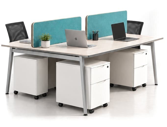 Tubular Tapered four-seat workstation in white with teal fabric screens and mobile pedestals